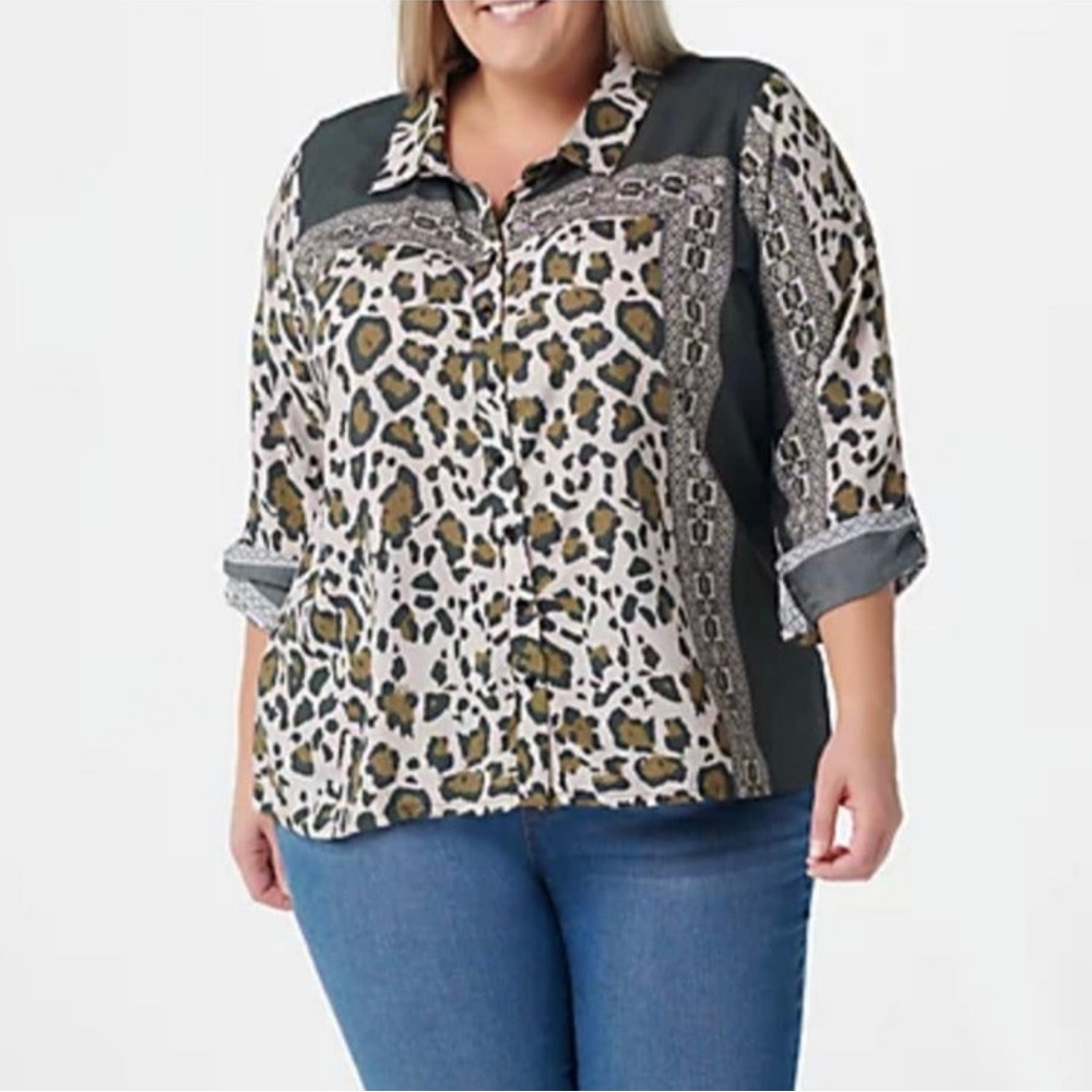 Tolani Collection Button Blouse Tab Sleeves Forest Green & Taupe Animal …